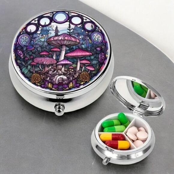 Mushroom Wonderland Pill Box Medicine Mini Steel Case Mirrored Travel Purse Size - Picture 2 of 8